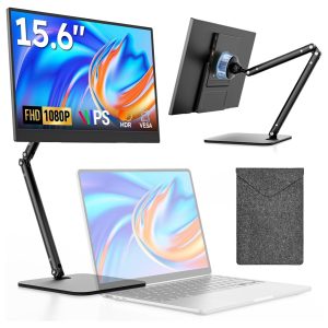 Monitor portatil de 15.6 pulgadas con soporte elevable magnetico conectado a un notebook en un escritorio.