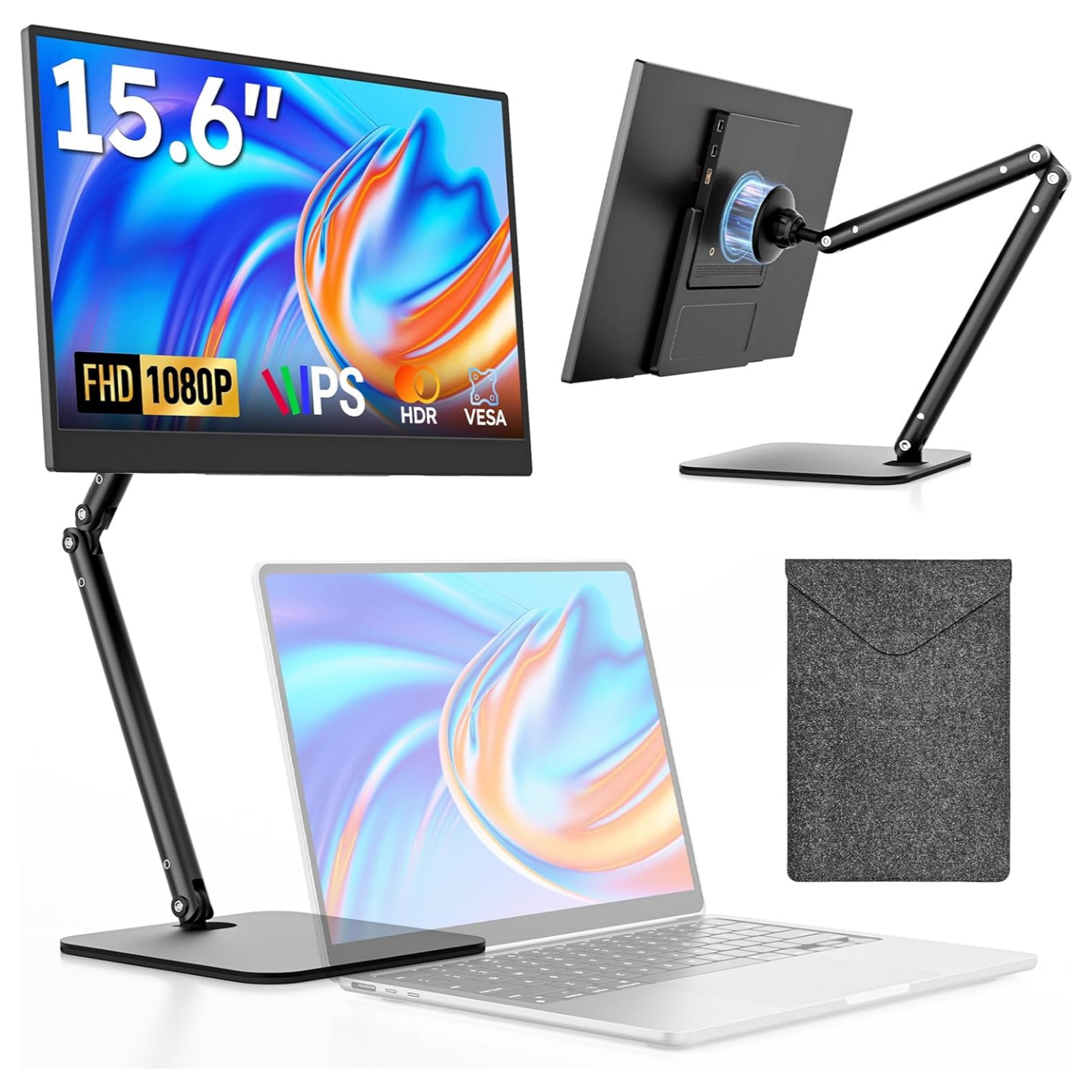 Monitor portatil de 15.6 pulgadas con soporte elevable magnetico conectado a un notebook en un escritorio.