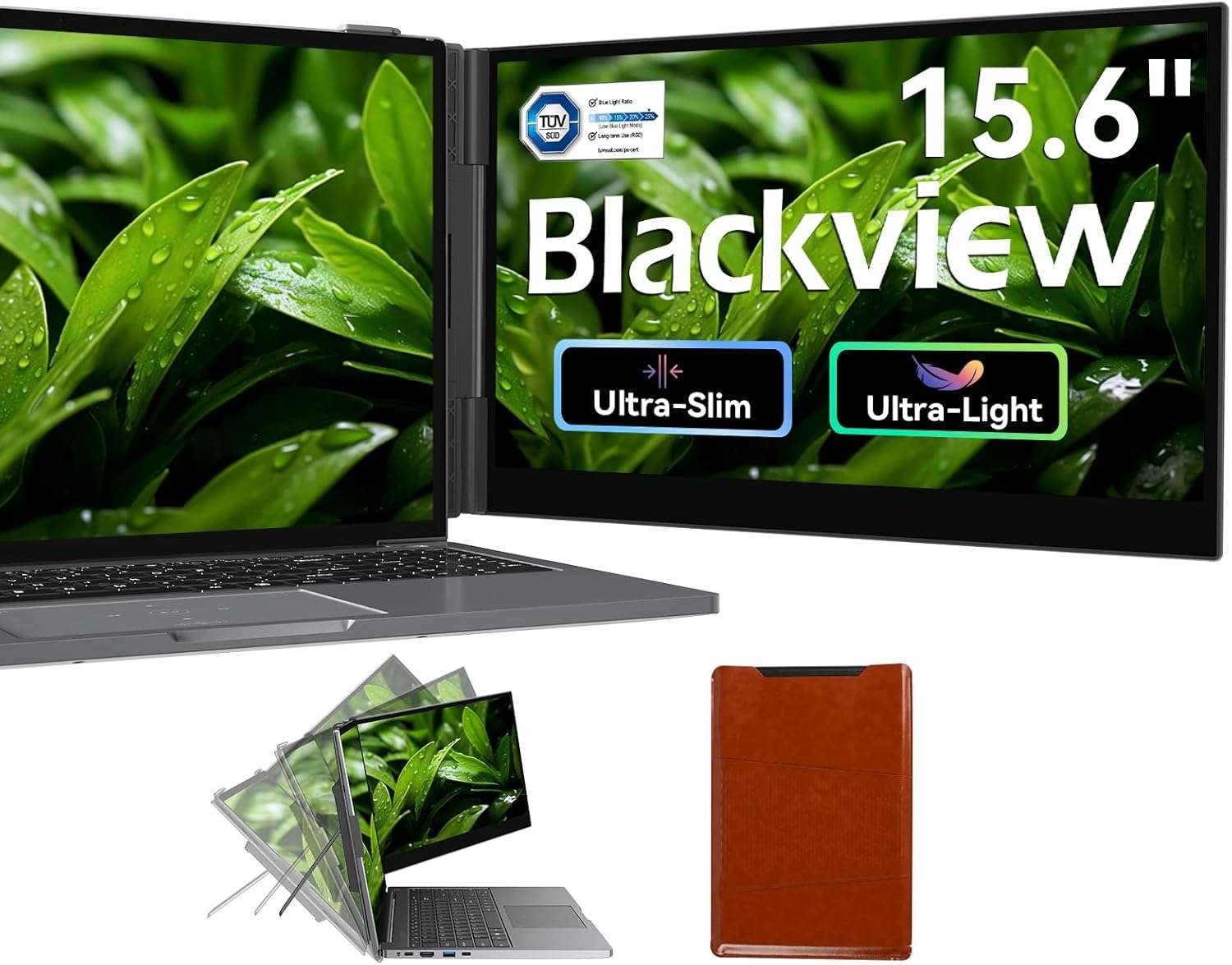 Monitor portatil extensor de pantalla Blackview de 15.6 pulgadas conectado a un notebook en un escritorio de trabajo.