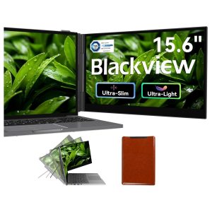 Monitor portatil extensor de pantalla Blackview de 15.6 pulgadas conectado a un notebook en un escritorio de trabajo.