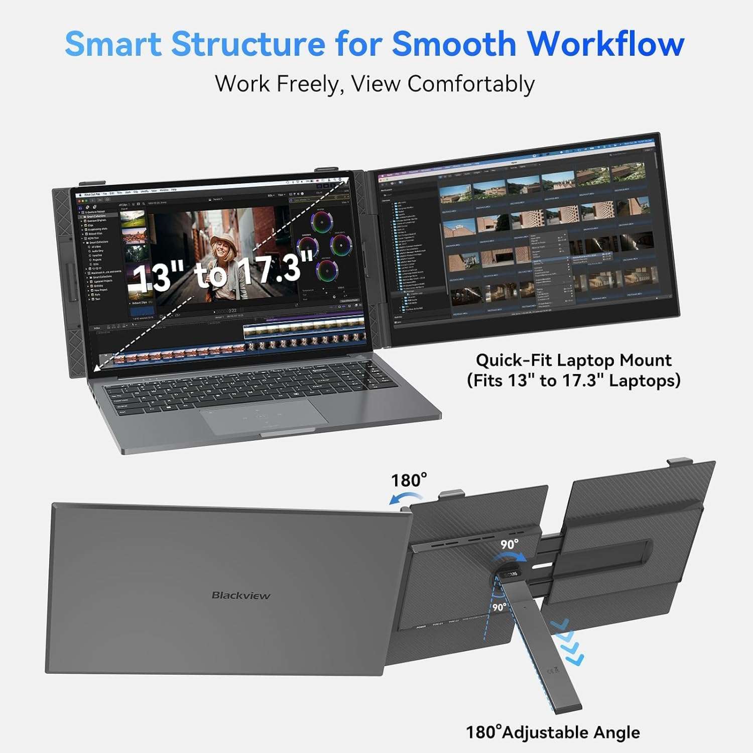 Monitor portatil extensor de pantalla Blackview de 15.6 pulgadas conectado a un notebook en un escritorio de trabajo.