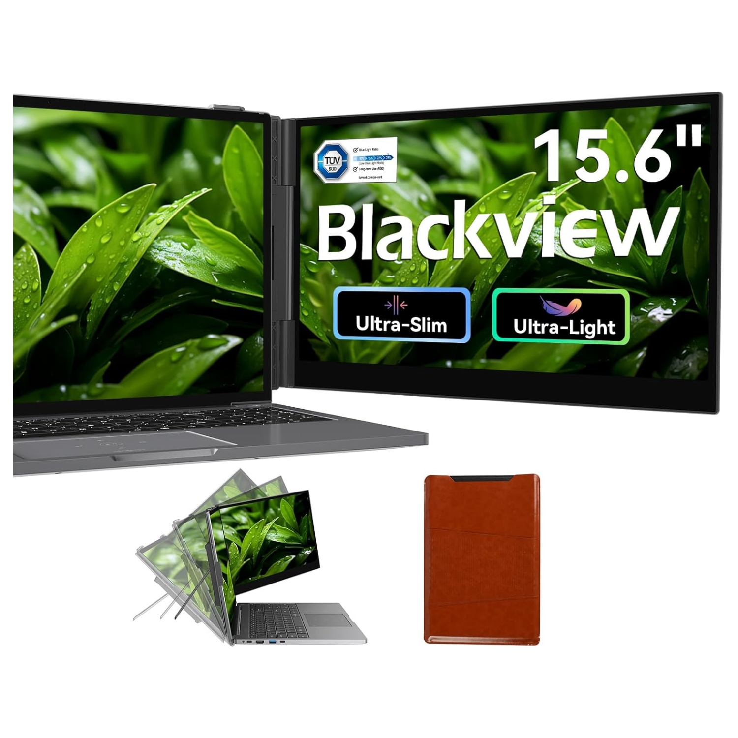 Monitor portatil extensor de pantalla Blackview de 15.6 pulgadas conectado a un notebook en un escritorio de trabajo.