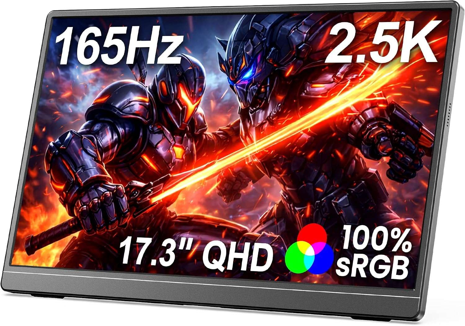 Monitor portátil gamer de 17.3 pulgadas 2.5K y 165Hz conectado a un notebook y una consola en un escritorio.