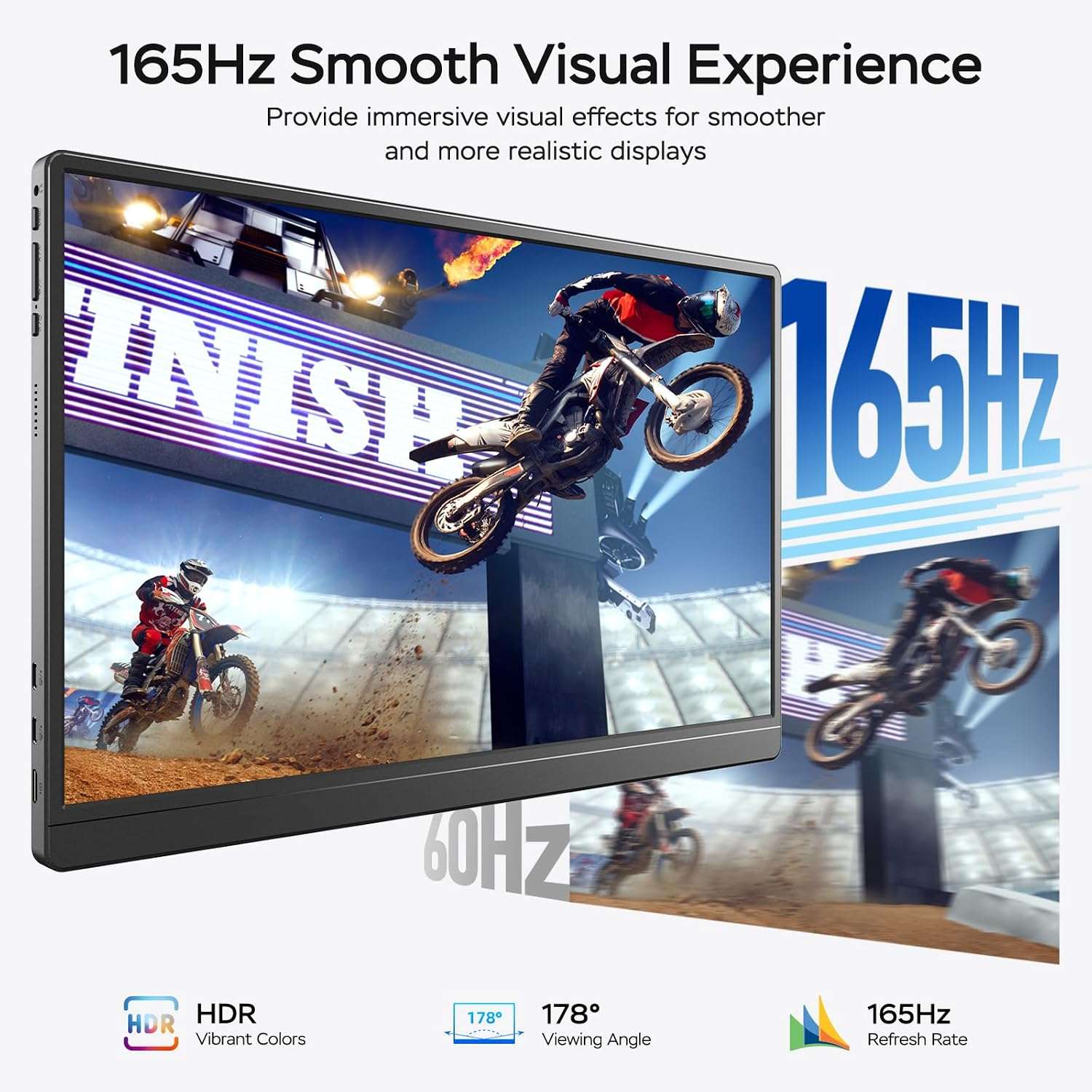 Monitor portátil gamer de 17.3 pulgadas 2.5K y 165Hz conectado a un notebook y una consola en un escritorio.