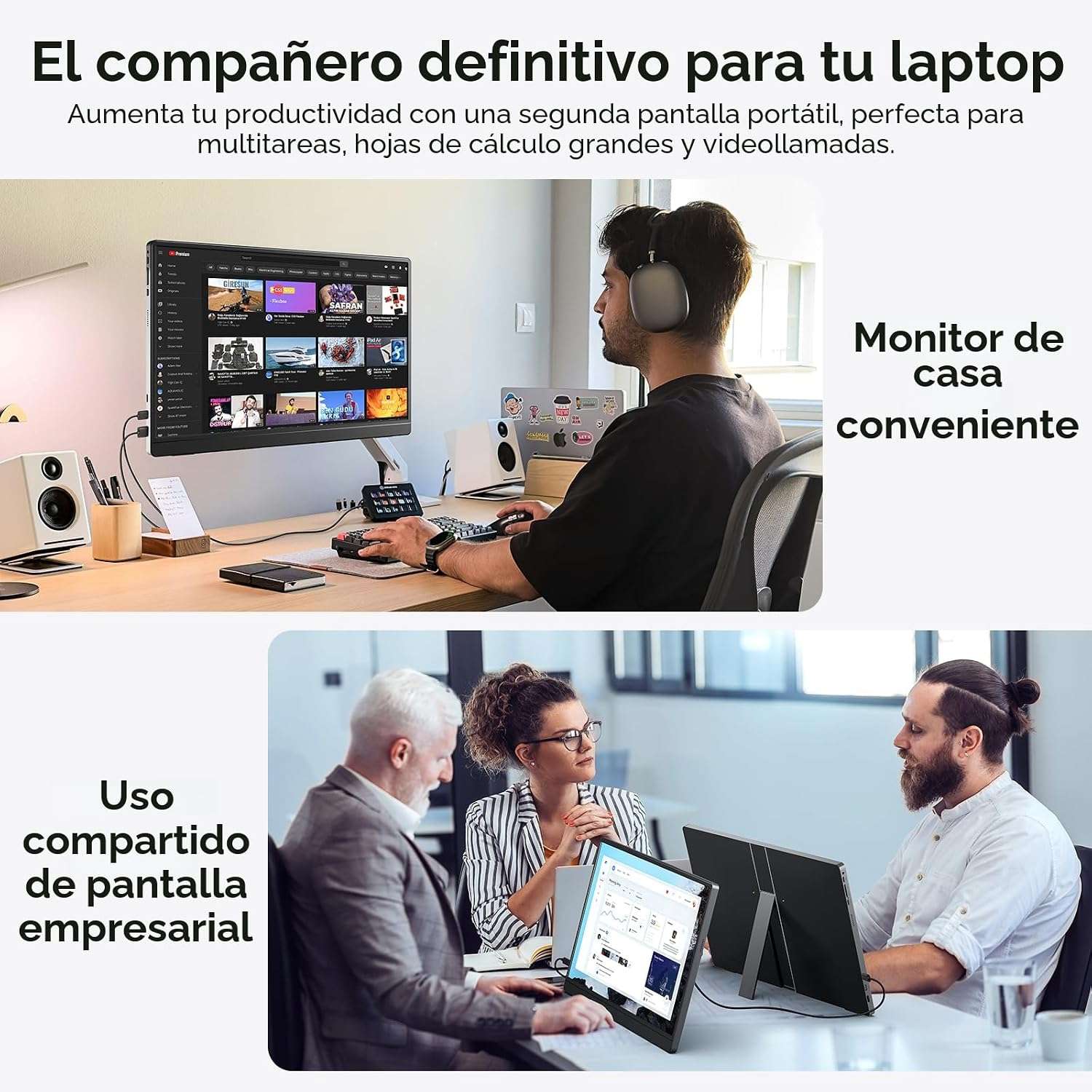 Monitor portátil gamer de 17.3 pulgadas 2.5K y 165Hz conectado a un notebook y una consola en un escritorio.