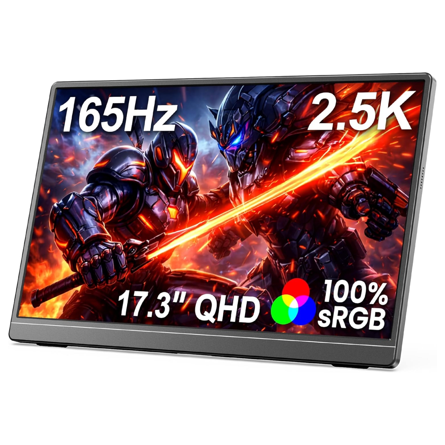 Monitor portátil gamer de 17.3 pulgadas 2.5K y 165Hz conectado a un notebook y una consola en un escritorio.