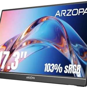 Monitor portátil gamer de 17.3 pulgadas Full HD con soporte integrado conectado a un notebook y una consola.