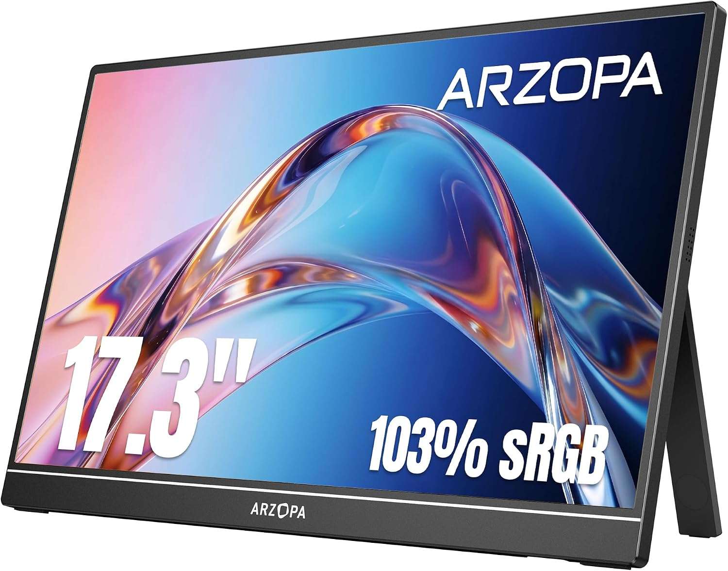 Monitor portátil gamer de 17.3 pulgadas Full HD con soporte integrado conectado a un notebook y una consola.