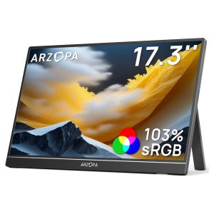 Monitor portátil gamer de 17.3 pulgadas Full HD con soporte integrado conectado a un notebook y una consola.