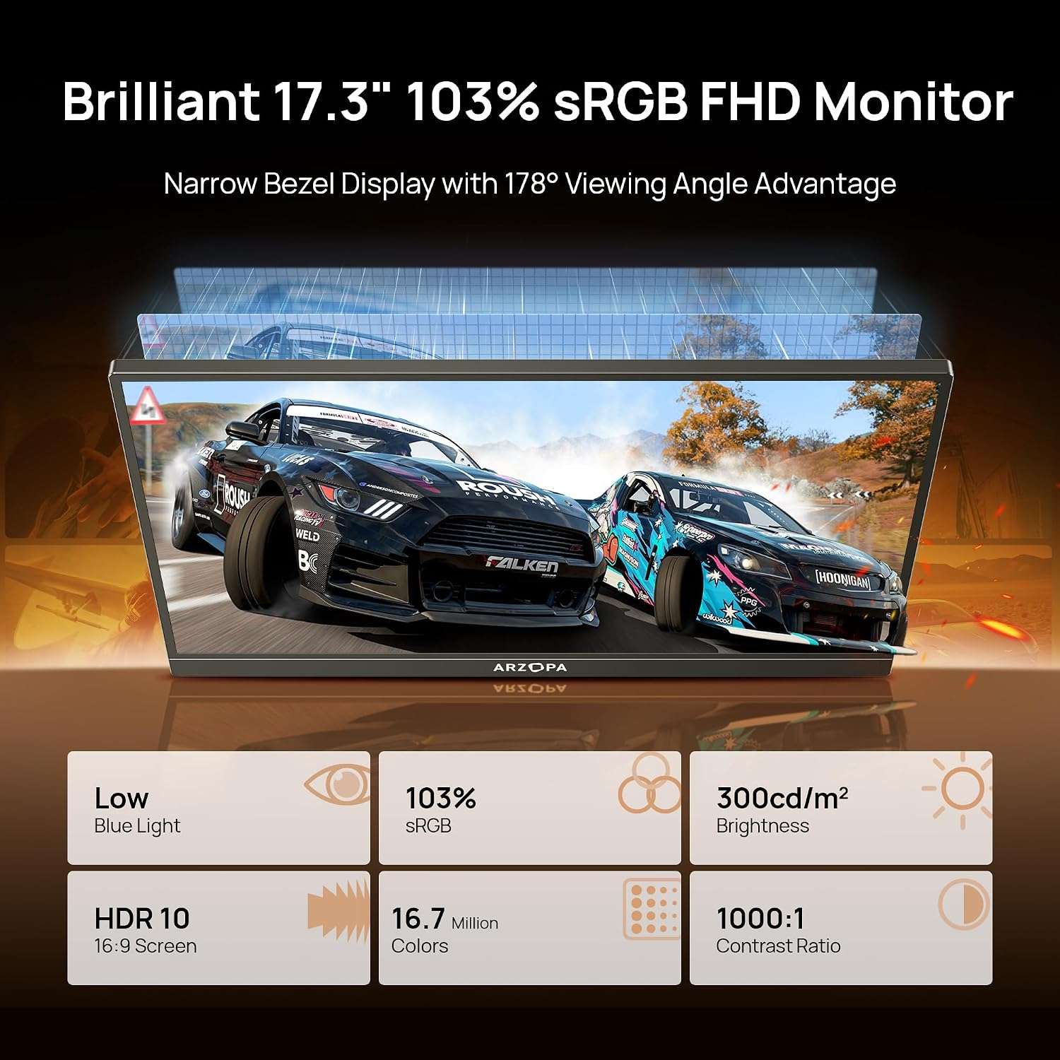 Monitor portátil gamer de 17.3 pulgadas Full HD con soporte integrado conectado a un notebook y una consola.
