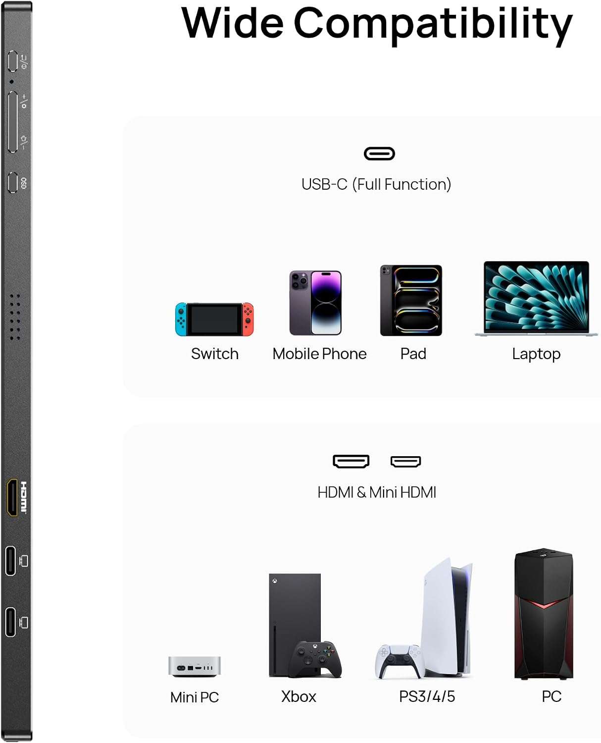 Monitor portátil gamer de 17.3 pulgadas Full HD con soporte integrado conectado a un notebook y una consola.