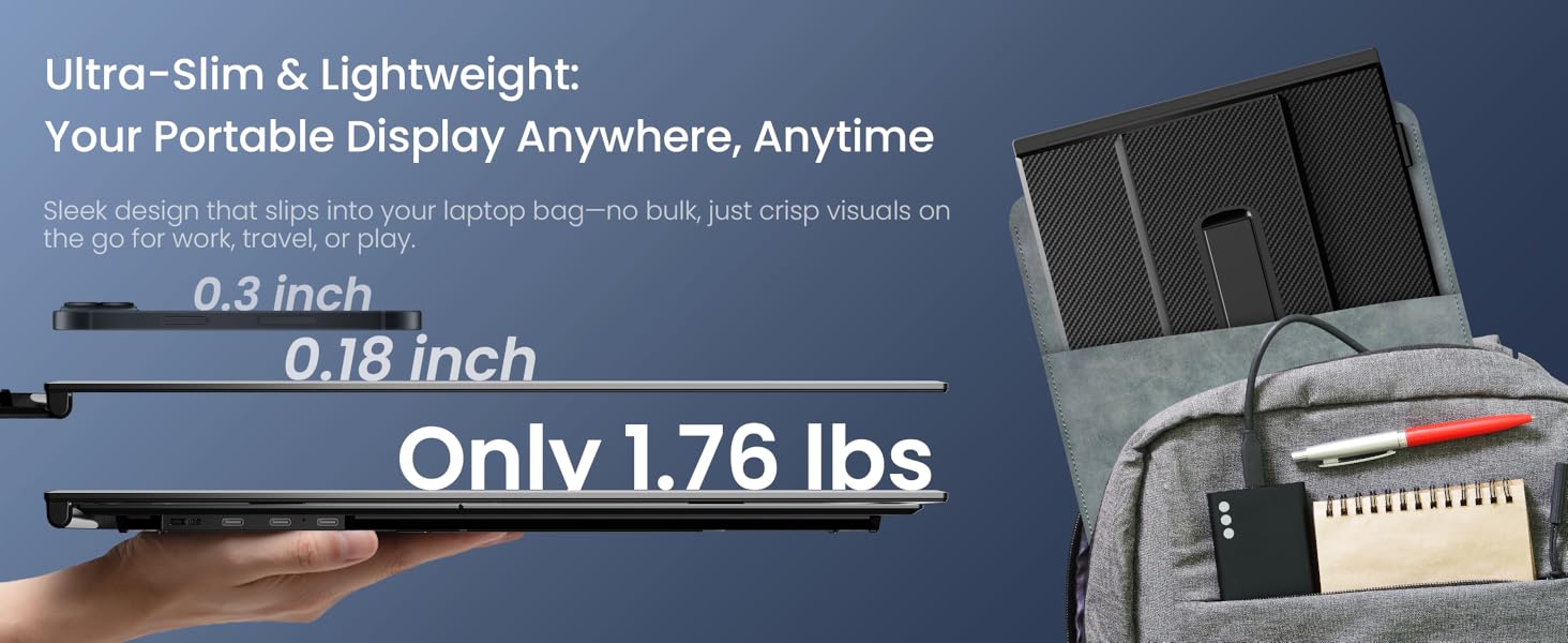 Segunda pantalla portatil de 15.3 pulgadas ultraliviana de aluminio conectada a un notebook en un escritorio.