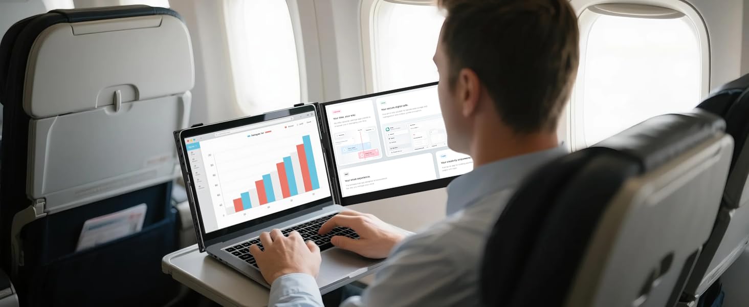 Segunda pantalla portatil de 15.3 pulgadas ultraliviana de aluminio conectada a un notebook en un escritorio.