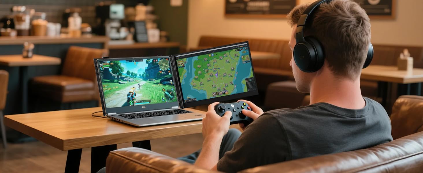 Segunda pantalla portatil de 15.3 pulgadas ultraliviana de aluminio conectada a un notebook en un escritorio.