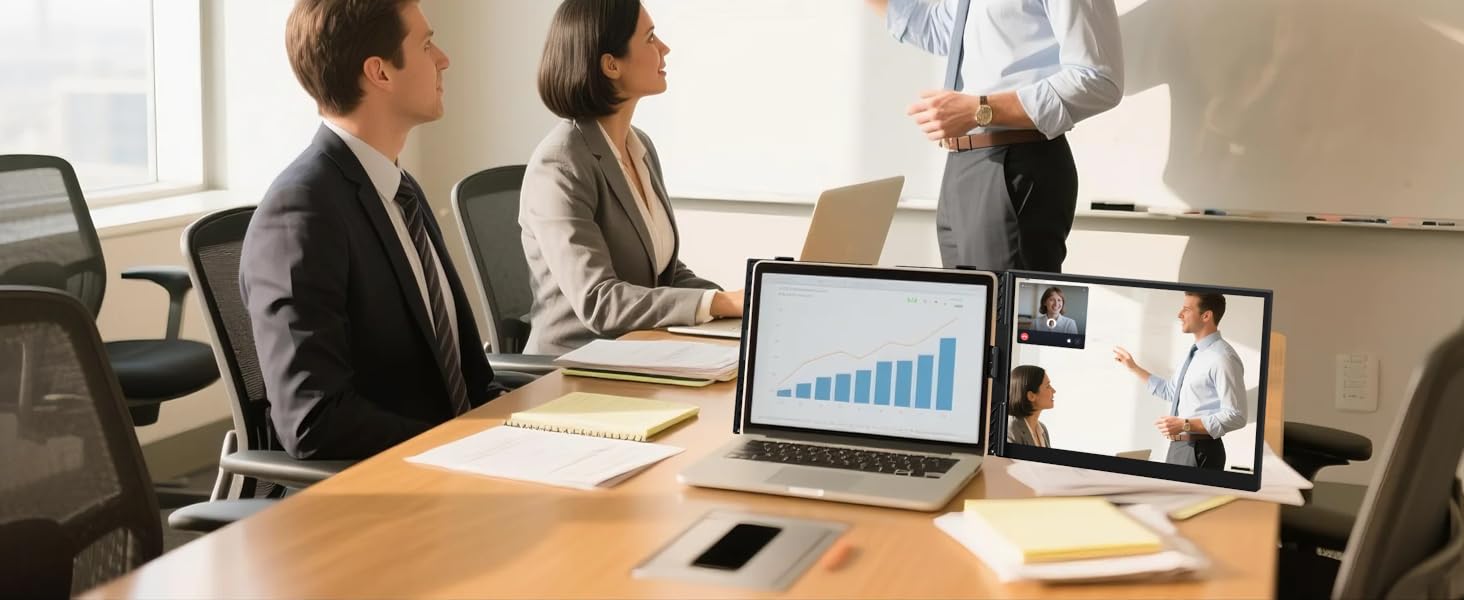 Segunda pantalla portatil de 15.3 pulgadas ultraliviana de aluminio conectada a un notebook en un escritorio.