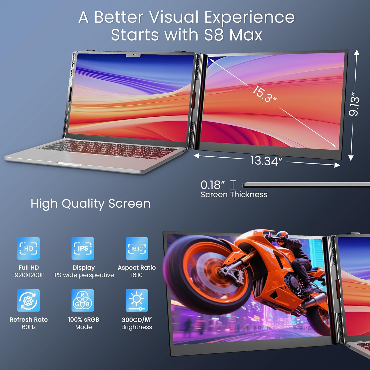 Segunda pantalla portatil de 15.3 pulgadas ultraliviana de aluminio conectada a un notebook en un escritorio.