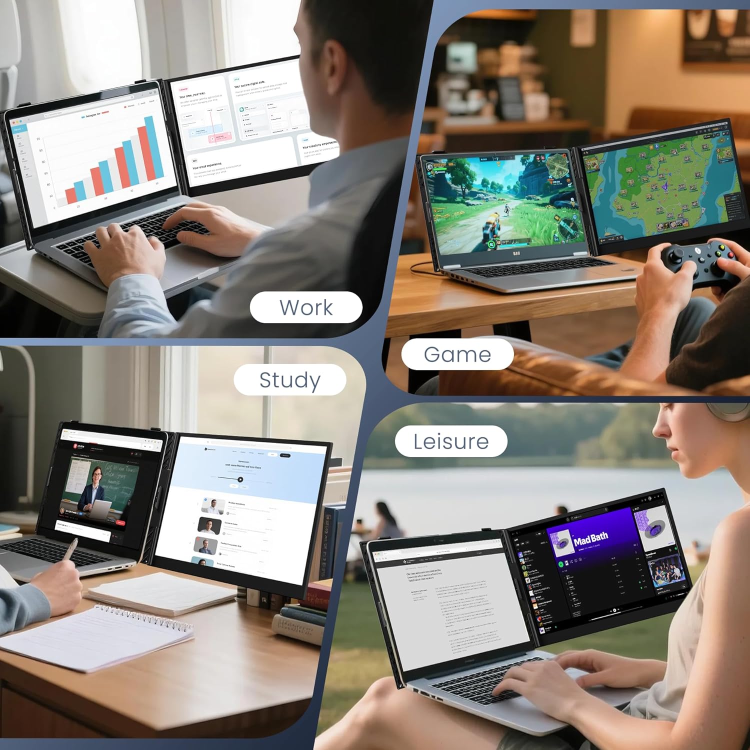 Segunda pantalla portatil de 15.3 pulgadas ultraliviana de aluminio conectada a un notebook en un escritorio.