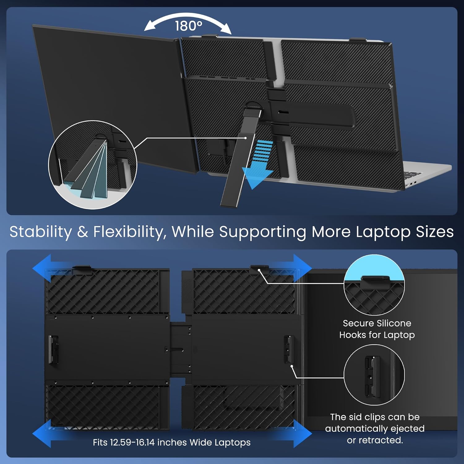 Segunda pantalla portatil de 15.3 pulgadas ultraliviana de aluminio conectada a un notebook en un escritorio.