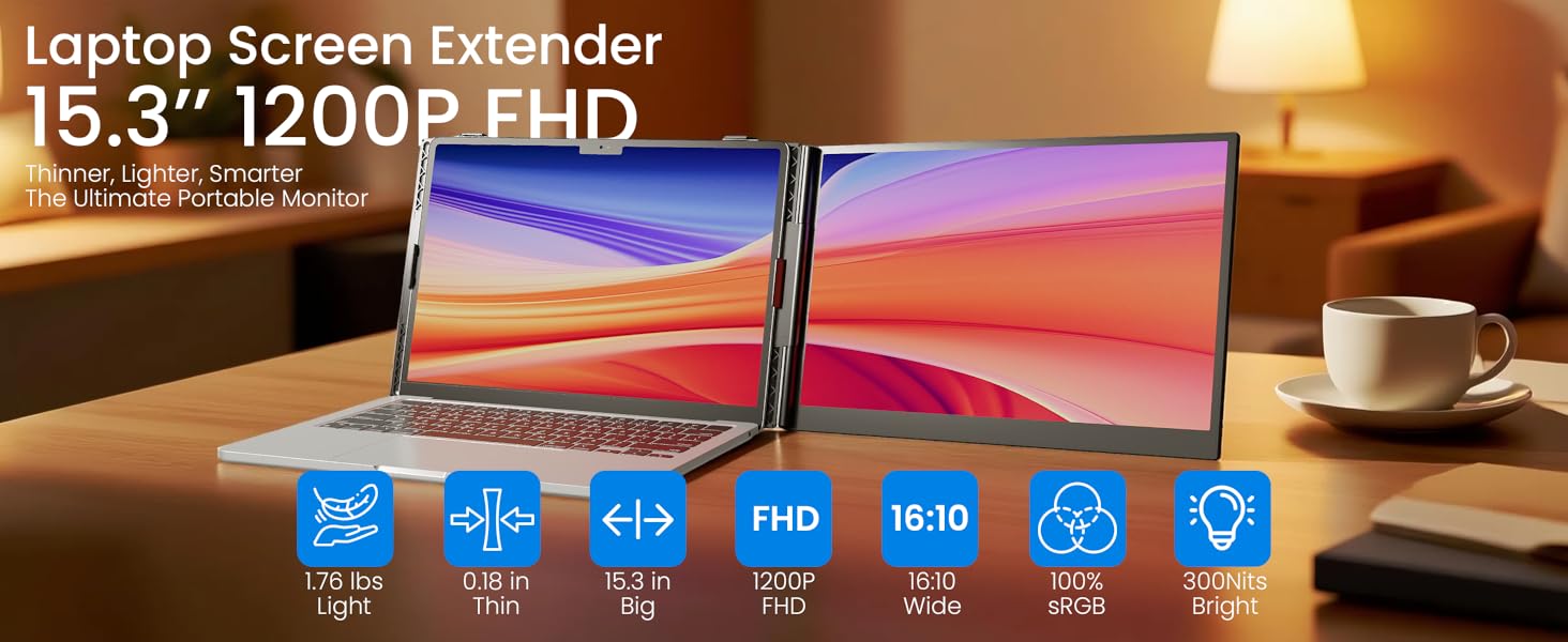 Segunda pantalla portatil de 15.3 pulgadas ultraliviana de aluminio conectada a un notebook en un escritorio.