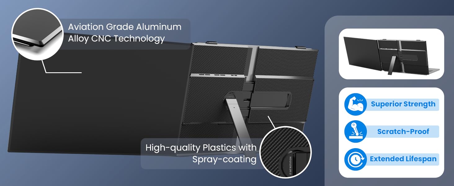 Segunda pantalla portatil de 15.3 pulgadas ultraliviana de aluminio conectada a un notebook en un escritorio.