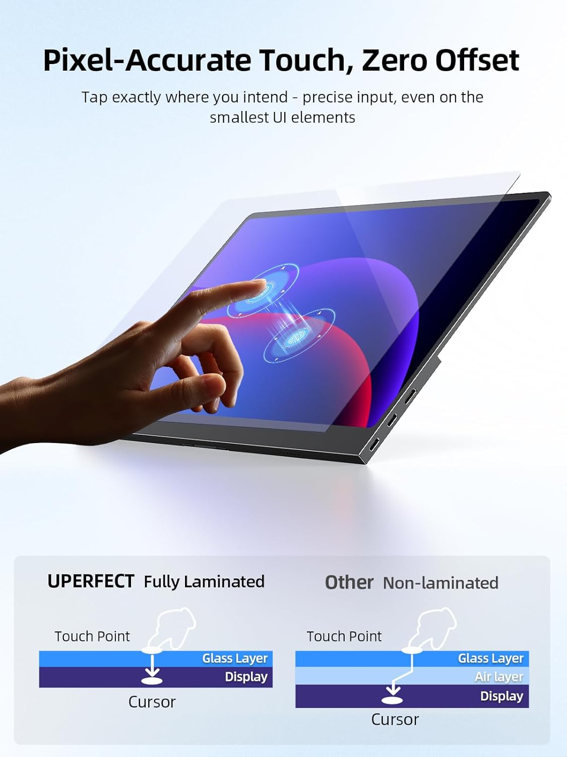 Monitor portatil tactil OLED 3K de 14 pulgadas ultradelgado de metal junto a un notebook premium.