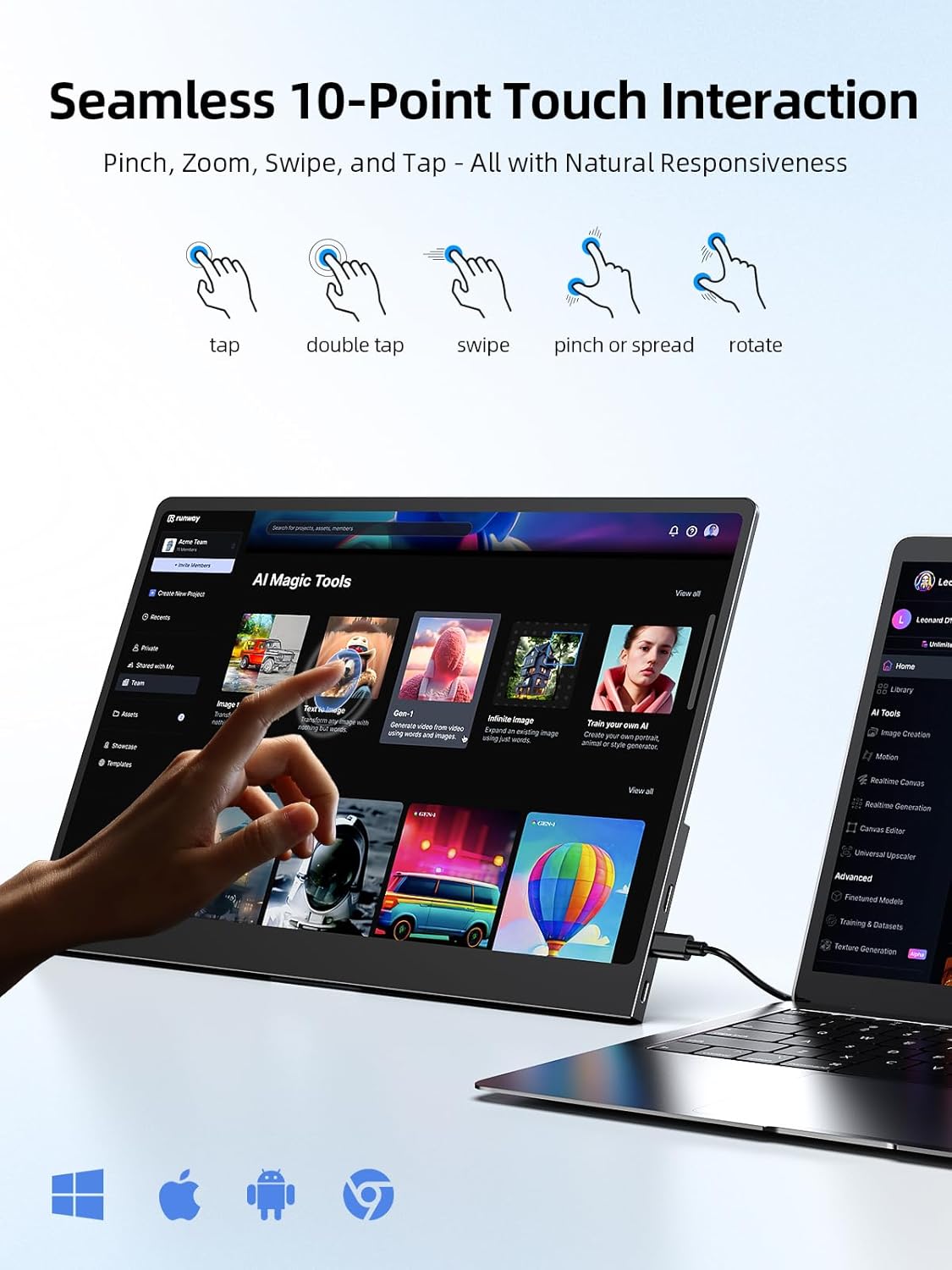 Monitor portatil tactil OLED 3K de 14 pulgadas ultradelgado de metal junto a un notebook premium.