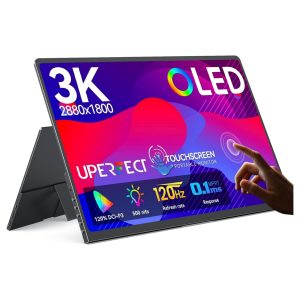 Monitor portatil tactil OLED 3K de 14 pulgadas ultradelgado de metal junto a un notebook premium.