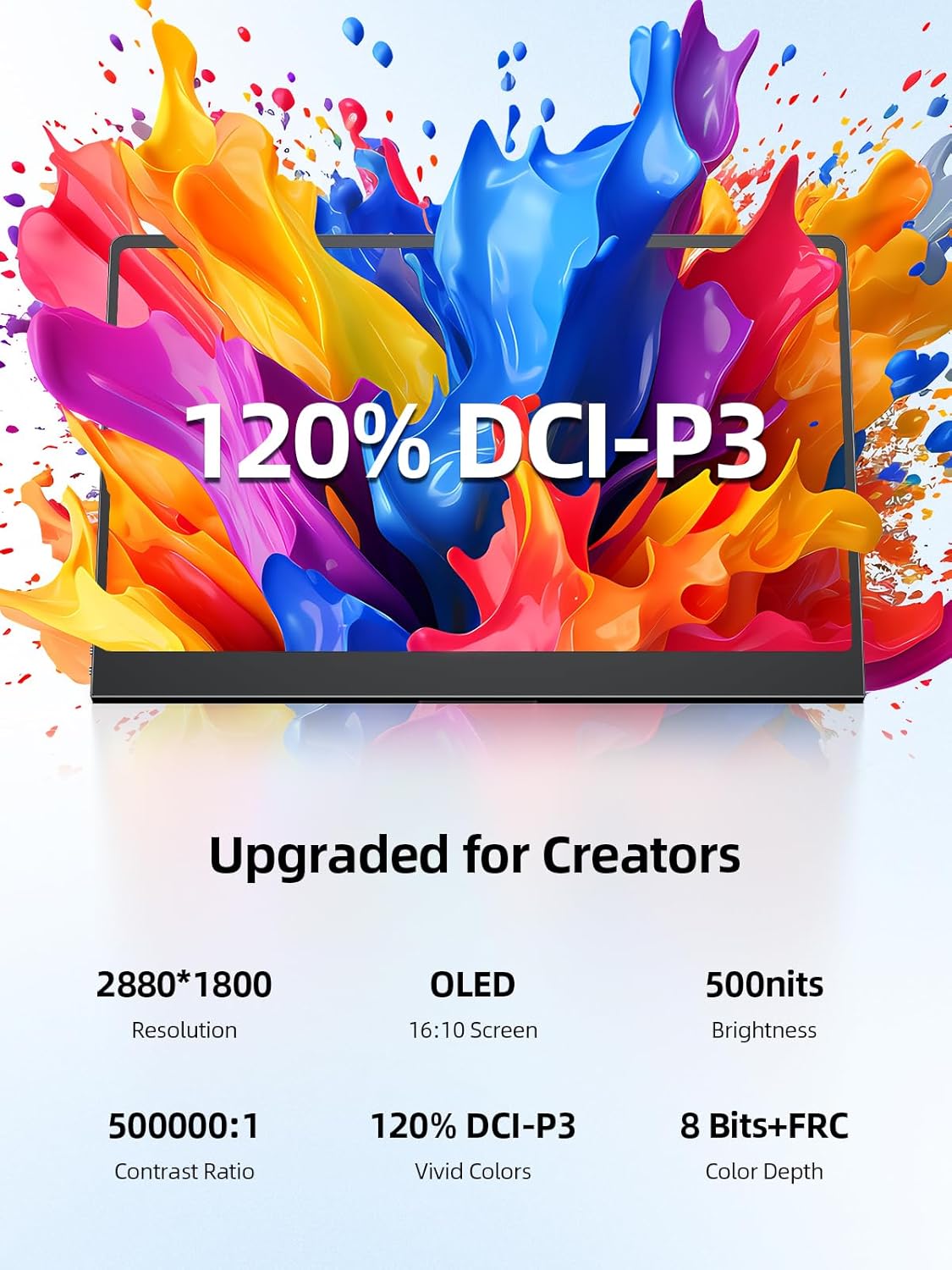 Monitor portatil tactil OLED 3K de 14 pulgadas ultradelgado de metal junto a un notebook premium.