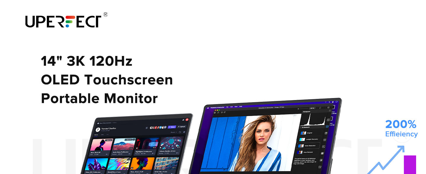 Monitor portatil tactil OLED 3K de 14 pulgadas ultradelgado de metal junto a un notebook premium.