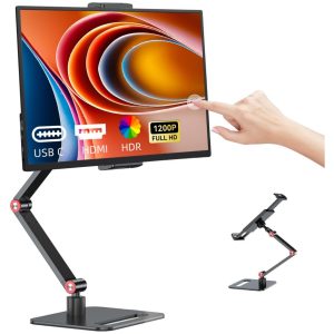 Monitor portatil tactil de 14 pulgadas de aluminio conectado a un notebook mediante USB C en un escritorio de trabajo.