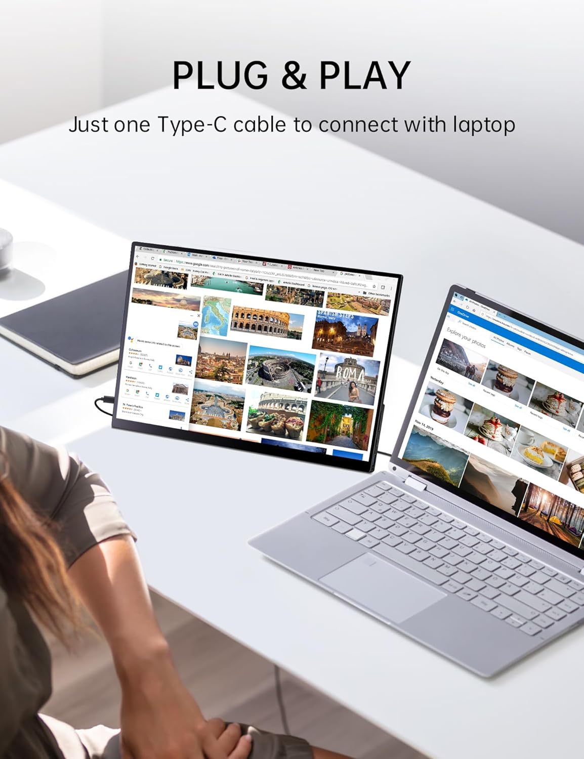 Monitor portatil tactil de 15.6 pulgadas con vidrio templado y soporte integrado junto a un notebook en un escritorio.