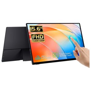 Monitor portatil tactil de 15.6 pulgadas con vidrio templado y soporte integrado junto a un notebook en un escritorio.