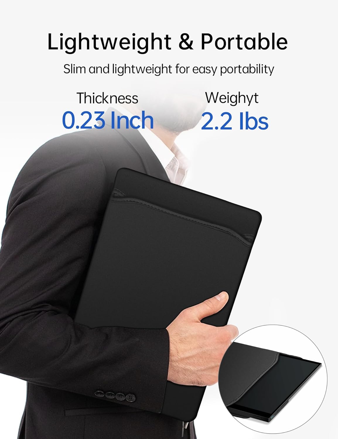 Monitor portatil tactil de 15.6 pulgadas con vidrio templado y soporte integrado junto a un notebook en un escritorio.