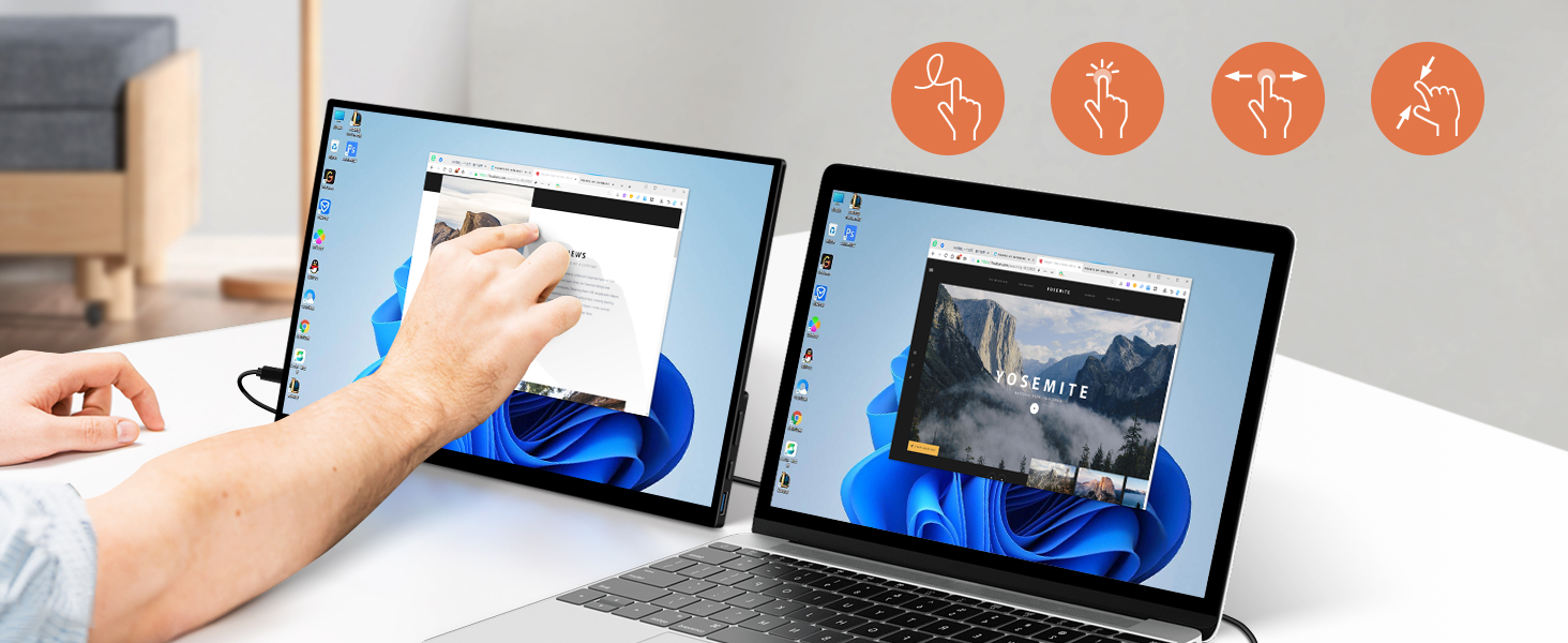 Monitor portatil tactil de 15.6 pulgadas con vidrio templado y soporte integrado junto a un notebook en un escritorio.