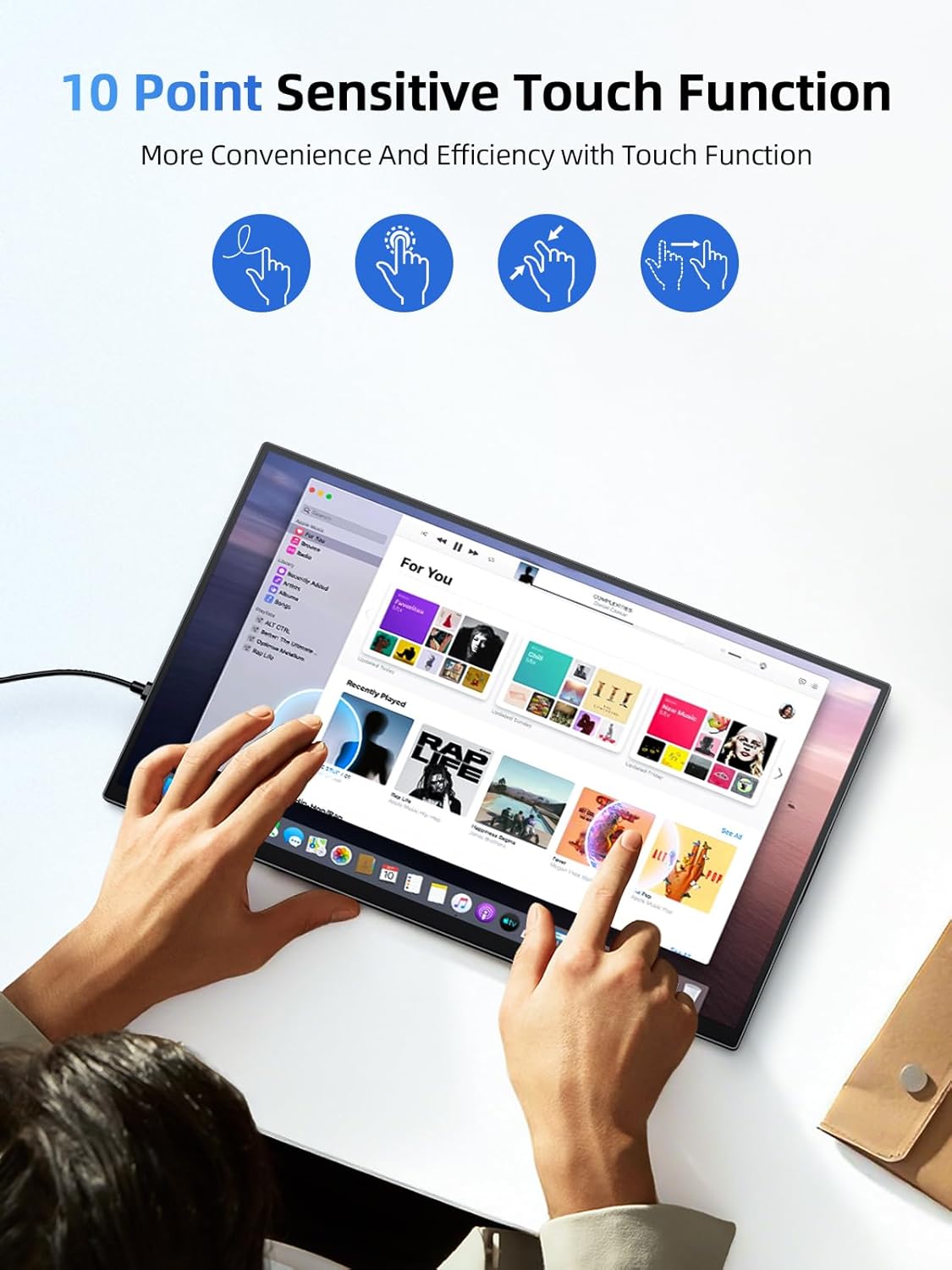 Monitor portatil tactil de 15.6 pulgadas Full HD con funda protectora conectado a un notebook en un escritorio.