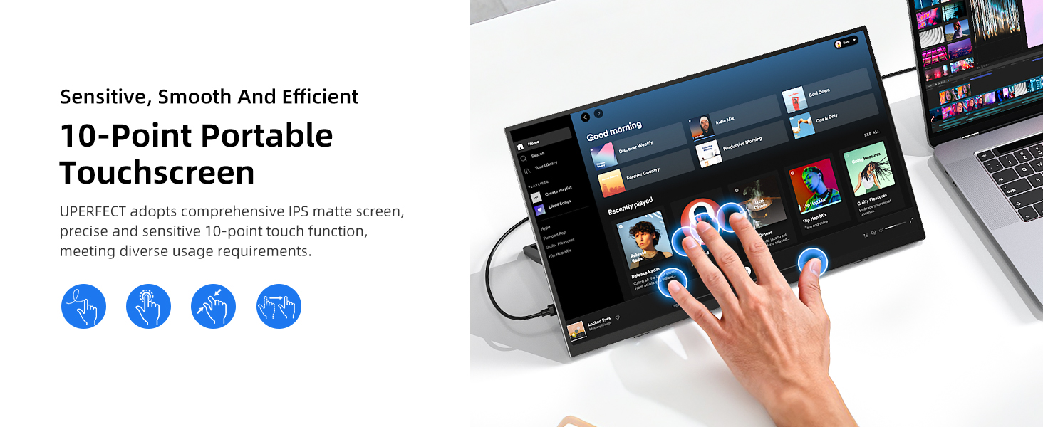 Monitor portatil tactil de 15.6 pulgadas Full HD con funda protectora conectado a un notebook en un escritorio.