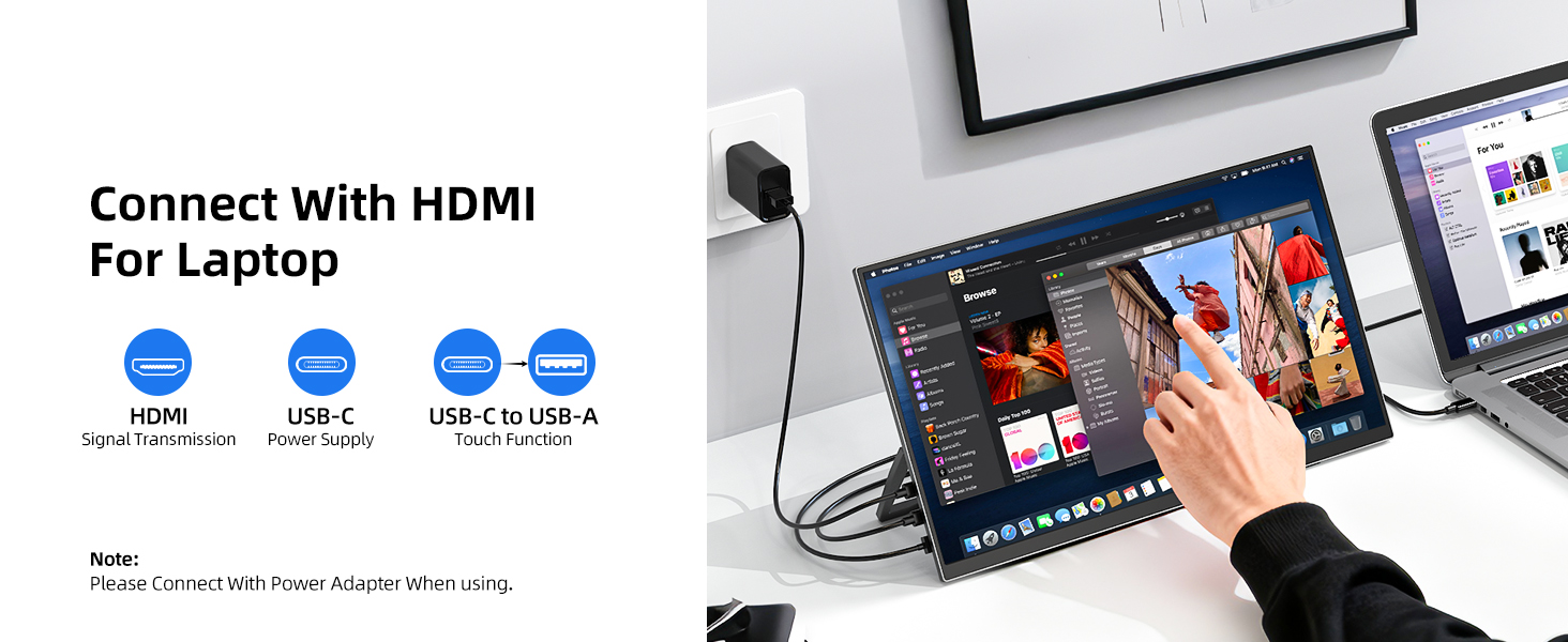 Monitor portatil tactil de 15.6 pulgadas Full HD con funda protectora conectado a un notebook en un escritorio.