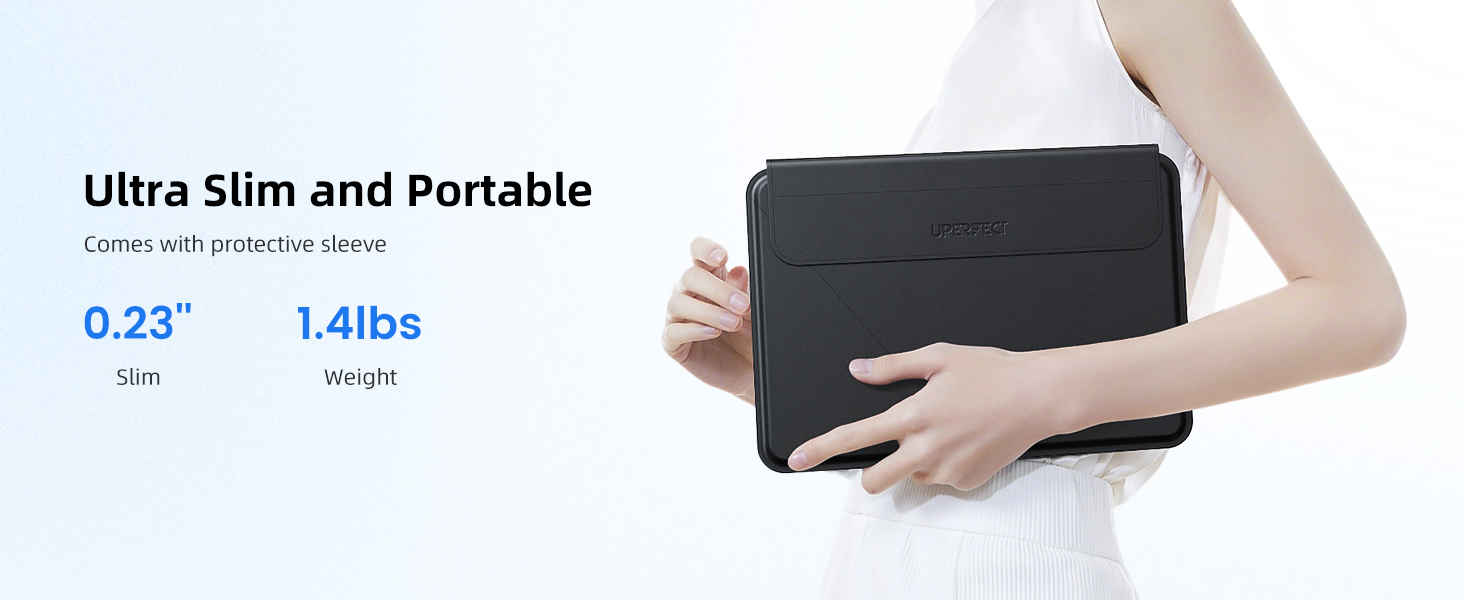 Monitor portatil tactil de 15.6 pulgadas Full HD con funda protectora conectado a un notebook en un escritorio.