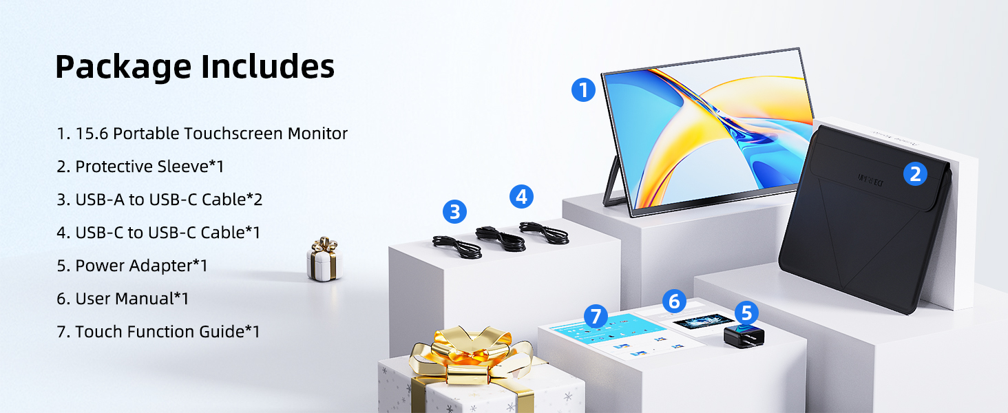 Monitor portatil tactil de 15.6 pulgadas Full HD con funda protectora conectado a un notebook en un escritorio.