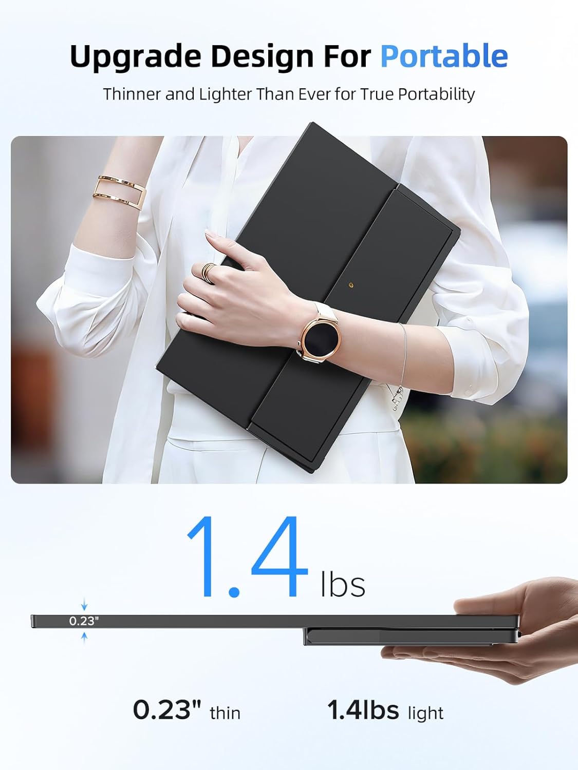 Monitor portatil tactil de 15.6 pulgadas Full HD con funda protectora conectado a un notebook en un escritorio.