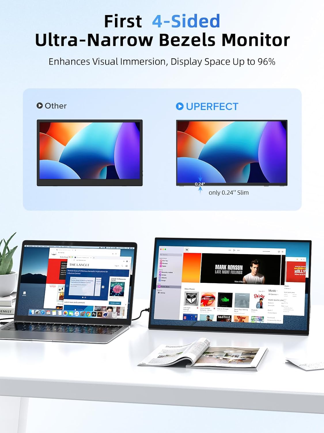 Monitor portatil tactil de 15.6 pulgadas Full HD con funda protectora conectado a un notebook en un escritorio.