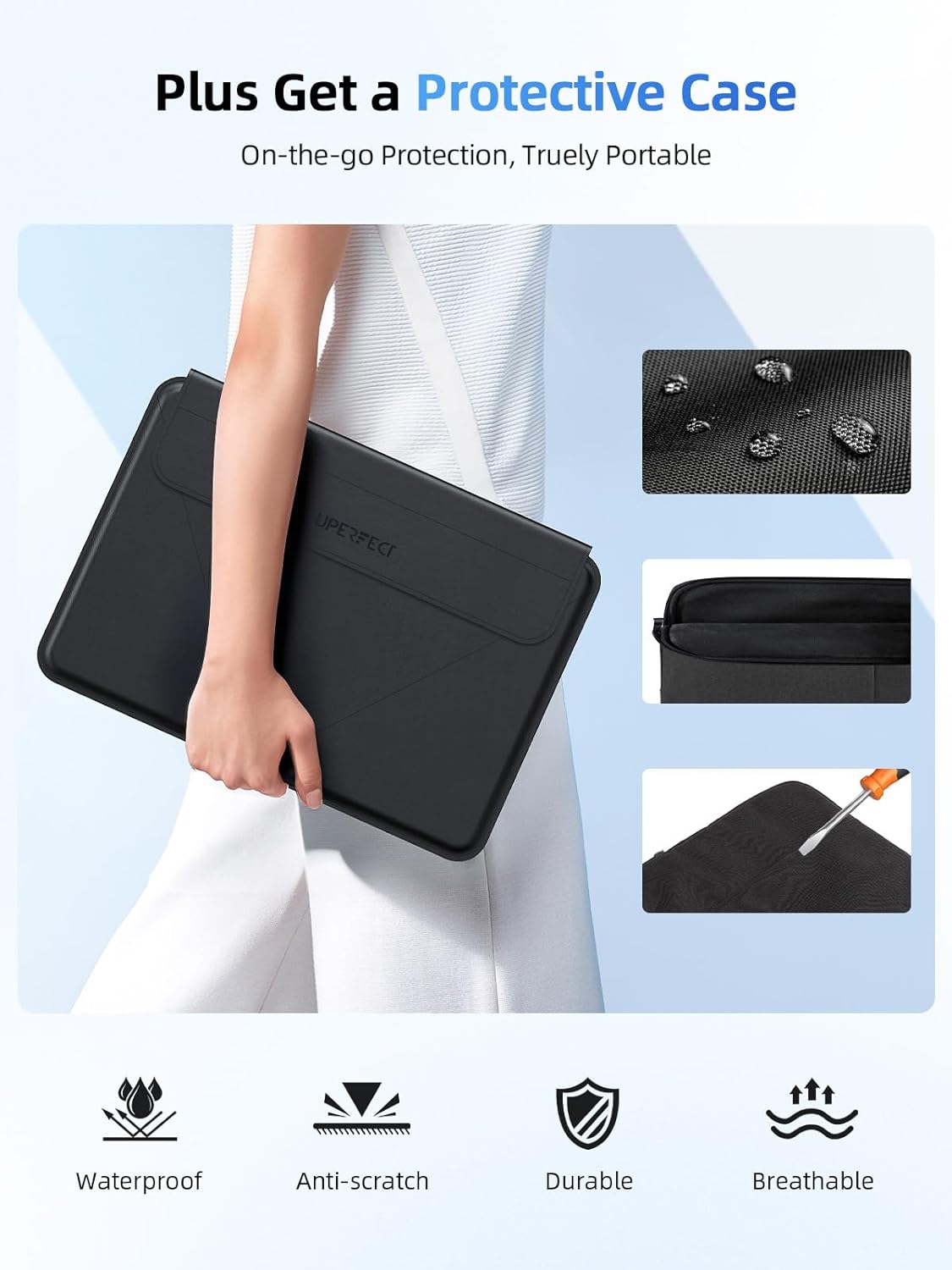 Monitor portatil tactil de 15.6 pulgadas Full HD con funda protectora conectado a un notebook en un escritorio.