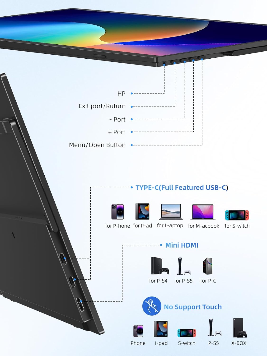 Monitor portatil tactil de 15.6 pulgadas Full HD con funda protectora conectado a un notebook en un escritorio.