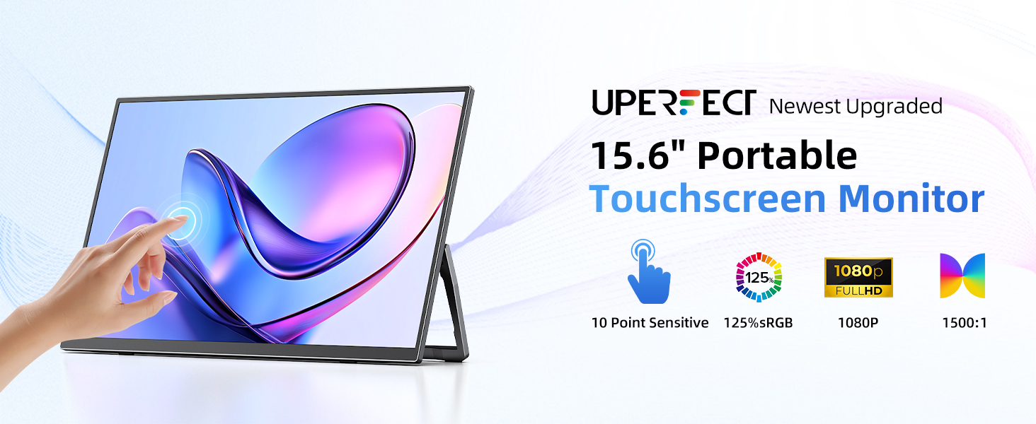 Monitor portatil tactil de 15.6 pulgadas Full HD con funda protectora conectado a un notebook en un escritorio.