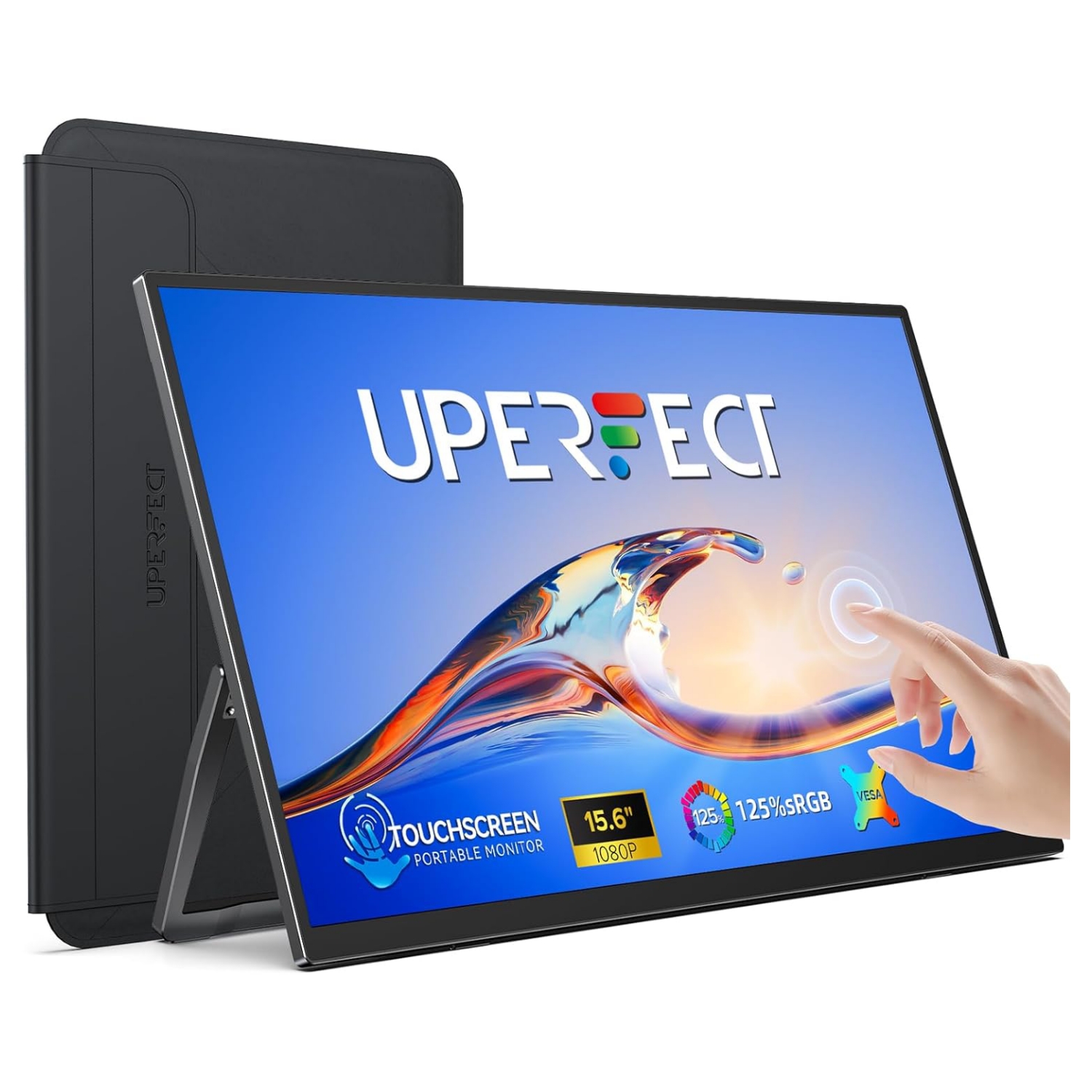 Monitor portatil tactil de 15.6 pulgadas Full HD con funda protectora conectado a un notebook en un escritorio.