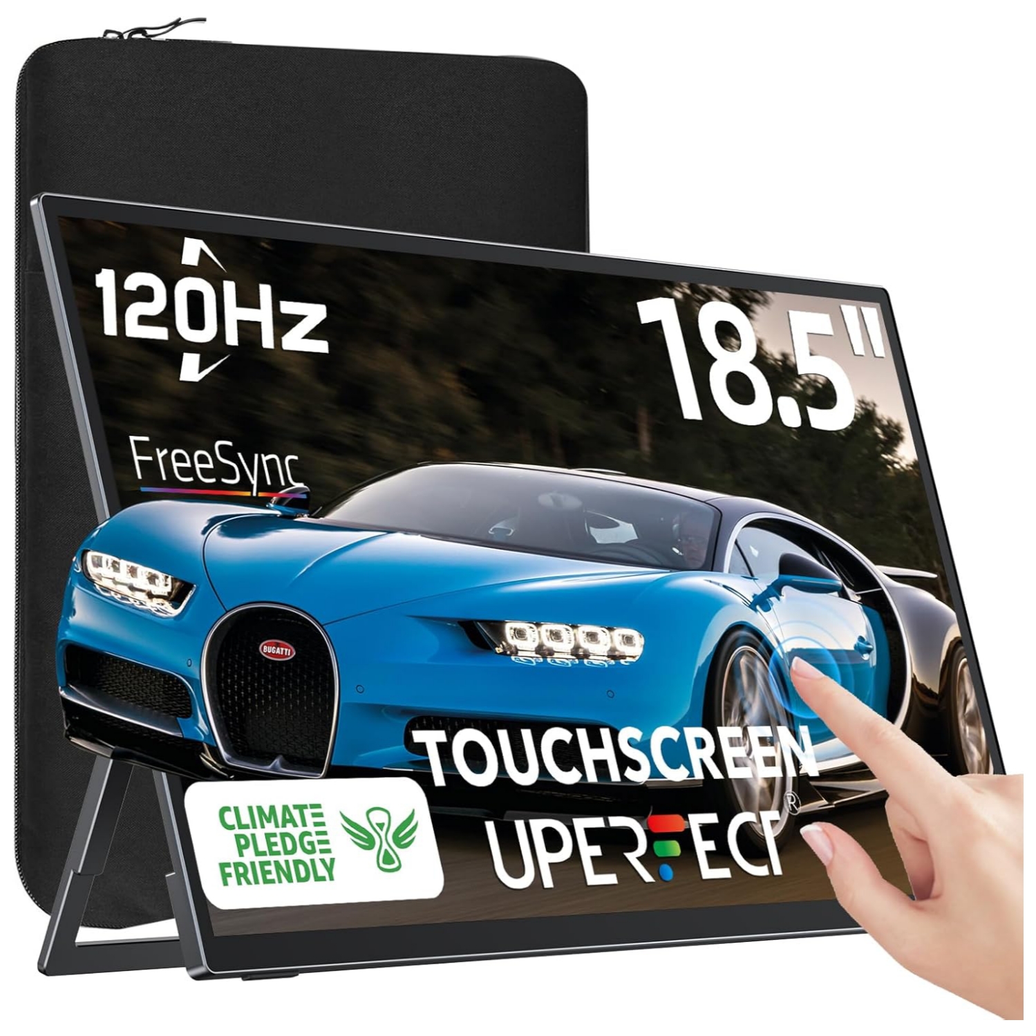 Monitor portatil tactil de 18.5 pulgadas 120 Hertz de aluminio conectado a un notebook en un escritorio.