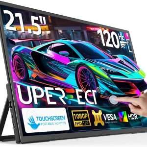 Monitor portatil tactil gigante de 21.5 pulgadas 120 Hertz junto a un notebook y una consola en un escritorio.
