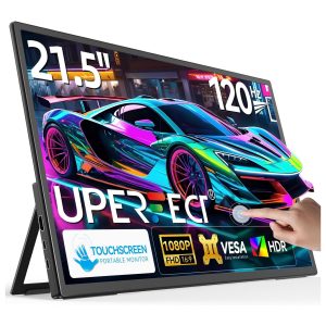 Monitor portatil tactil gigante de 21.5 pulgadas 120 Hertz junto a un notebook y una consola en un escritorio.