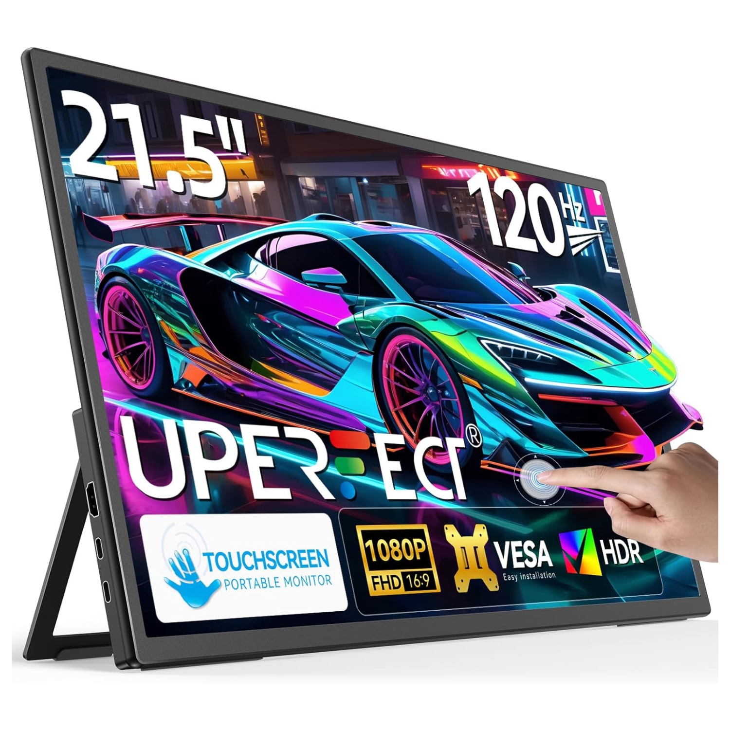 Monitor portatil tactil gigante de 21.5 pulgadas 120 Hertz junto a un notebook y una consola en un escritorio.