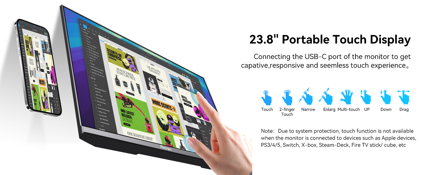 Monitor portatil tactil de 23.8 pulgadas con soporte integrado junto a un notebook en un escritorio.